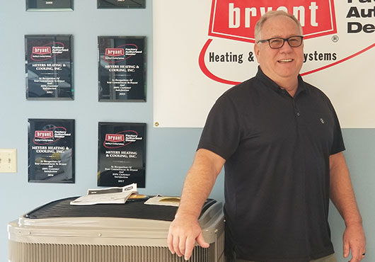 Joseph Yothment, President, pictured next to Meyer’s Companies Inc. awards.